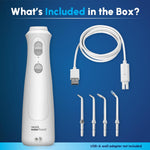 Waterpik water flosser kit with charging cable and four replacement flosser tips.