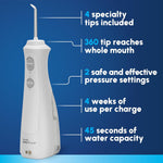 White Waterpik Waterflosser with specialty tips, pressure settings, and long battery life.