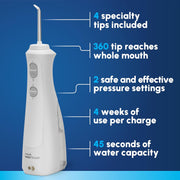White Waterpik Waterflosser with specialty tips, pressure settings, and long battery life.