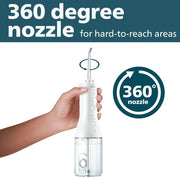 Hand holding a white cordless water flosser with a 360 degree rotating nozzle for oral hygiene.