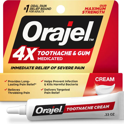 Orajel 4/3X for Toothache & Gum Pain: Severe Cream Tube 0.33oz- From Oral Pain Relief