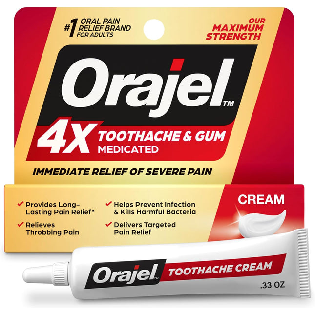 Orajel 4/3X for Toothache & Gum Pain: Severe Cream Tube 0.33oz- From Oral Pain Relief