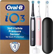 Oral-B iO3 electric toothbrush set with pressure sensor, travel case, and charging base.