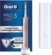 Oral-B Pro 3 3500 pink electric toothbrush with visible gum pressure control and travel case.