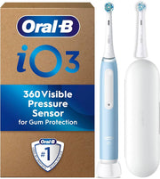Oral-B iO3 electric toothbrush with 360 visible pressure sensor and charging case.