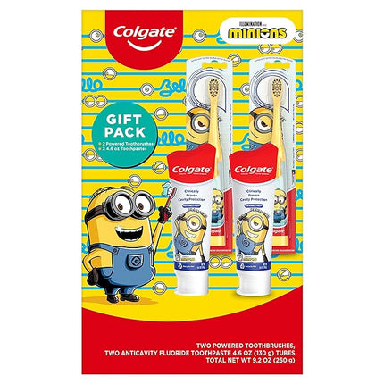 Colgate Kids Toothbrush Set with Toothpaste, Minions Toothbrush Gift Set, 2 Battery Toothbrushes and 2 Toothpastes