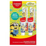 Colgate Minions gift pack featuring two powered toothbrushes and two fluoride toothpaste tubes.