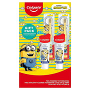Colgate Minions gift pack featuring two powered toothbrushes and two fluoride toothpaste tubes.
