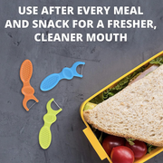 Three colorful ergonomic dental picks next to a healthy sandwich in a lunch box.