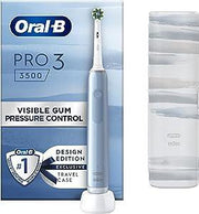 Oral-B Pro 3 3500 electric toothbrush with visible gum pressure control and travel case.