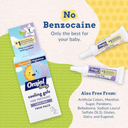 Orajel Baby drug-free cooling gels for teething infants, benzocaine-free oral care product.