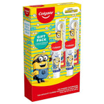 Colgate Minions gift pack including two powered toothbrushes and two fluoride toothpaste tubes.