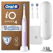 Oral-B iO Series 4 electric toothbrush set with charging base and travel case.
