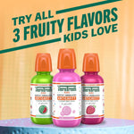 Three bottles of TheraBreath Kids anticavity fluoride oral rinse in watermelon, bubblegum, and strawberry.
