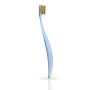 Ergonomic light blue manual toothbrush with multi-colored bristles on a white background