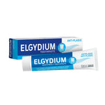 Elgydium Anti-Plaque toothpaste tube and box for dental plaque prevention.