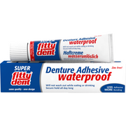 Super Fitty Dent waterproof denture adhesive tube and packaging box.