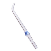 Clear plastic oral irrigator replacement tip with blue connector for dental hygiene.