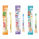 Assorted Soft & Slim kids' toothbrushes for different age groups with suction cup bases.