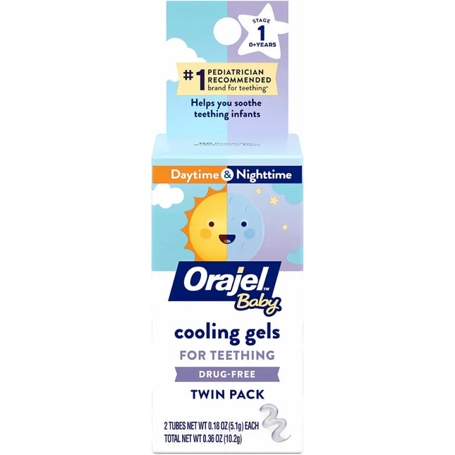 Orajel Baby Daytime & Nighttime Cooling Gels for Teething (Drug-Free) Two 0.18oz Tubes