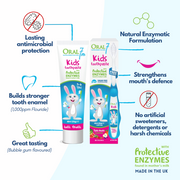 Oral7 Kids toothpaste with protective enzymes in bubble gum flavor for tooth enamel strength.