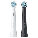 White and black Oral-B iO electric toothbrush replacement heads for oral hygiene.
