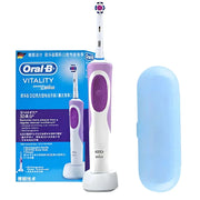 Oral-B Vitality 3D White electric toothbrush with charging base and protective travel case.