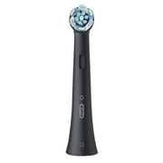 Oral-B electric toothbrush replacement head with blue and white bristles.