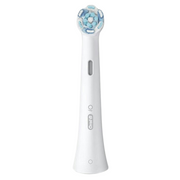 Oral-B iO replacement electric toothbrush head with blue bristles for oral hygiene.