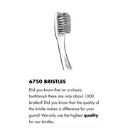 Line drawing of a toothbrush with 6750 high-quality bristles for oral hygiene.