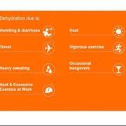 Infographic showing causes of dehydration including heat, exercise, travel, and sweating.
