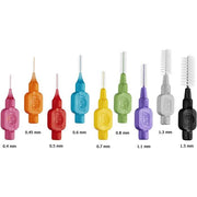Assorted colorful interdental brushes in various sizes for oral hygiene care.