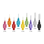 Assorted colorful interdental brushes in various sizes from 0.4 mm to 1.5 mm for oral hygiene.