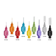 Assorted colorful interdental brushes in various sizes from 0.4 mm to 1.5 mm for oral hygiene.