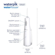 Waterpik Cordless Express water flosser with dimensions and key features.