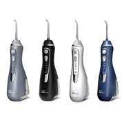 Four cordless water flossers in grey, black, silver, and blue for oral hygiene.
