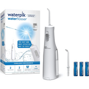Waterpik Cordless Express water flosser with two tips and three AA batteries.