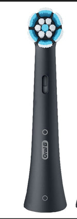 Oral-B electric toothbrush replacement head with blue and white bristles.