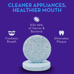 Blue oral hygiene cleaning tablets for killing germs, freshening breath, and eliminating plaque.