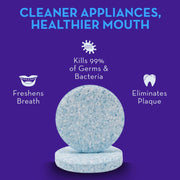 Blue oral hygiene cleaning tablets for killing germs, freshening breath, and eliminating plaque.