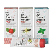 GC Tooth Mousse Plus topical cream in Strawberry, Vanilla, and Mint flavors.