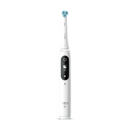 White Oral-B electric toothbrush with a blue patterned brush head on a white background.