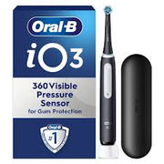 Oral-B iO3 electric toothbrush with pressure sensor and black charging travel case.