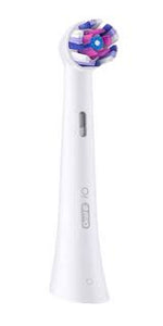 Oral-B iO electric toothbrush replacement head with purple and blue bristles.
