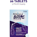 Retainer Brite cleaning tablets box for 3-month supply of removable dental appliance care.