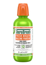 TheraBreath Fresh Breath oral rinse in mild mint flavor for fighting bad breath.
