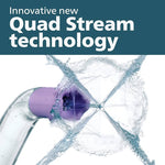 Quad Stream technology water flosser nozzle spraying four water streams for oral hygiene.