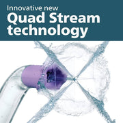 Quad Stream technology water flosser nozzle spraying four water streams for oral hygiene.
