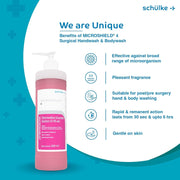 Schülke Microshield 4 surgical handwash and bodywash bottle with product benefits list.