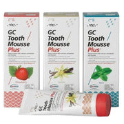 GC Tooth Mousse Plus topical cream in Strawberry, Vanilla, and Mint flavors.